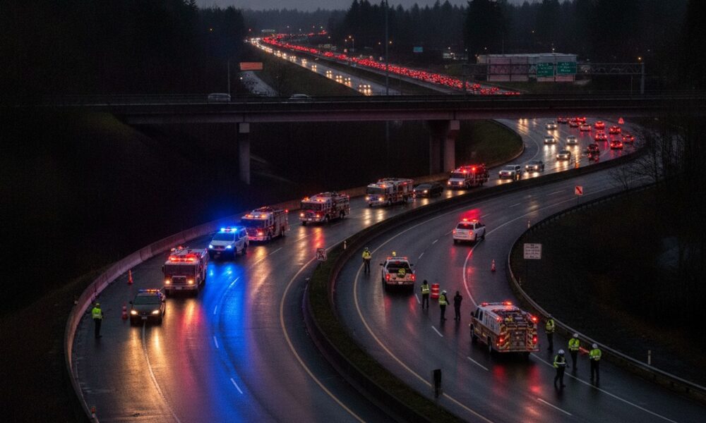 Экстренные службы на перекрытом съезде с I-5 на SR 18 в Federal Way