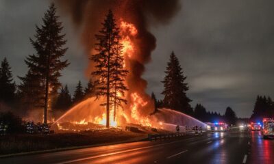 Пожарные тушат горящие деревья возле автомагистрали I-5 в Tumwater