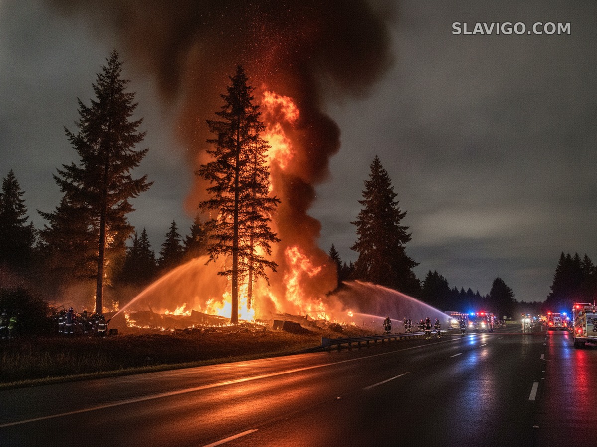 Пожарные тушат горящие деревья возле автомагистрали I-5 в Tumwater
