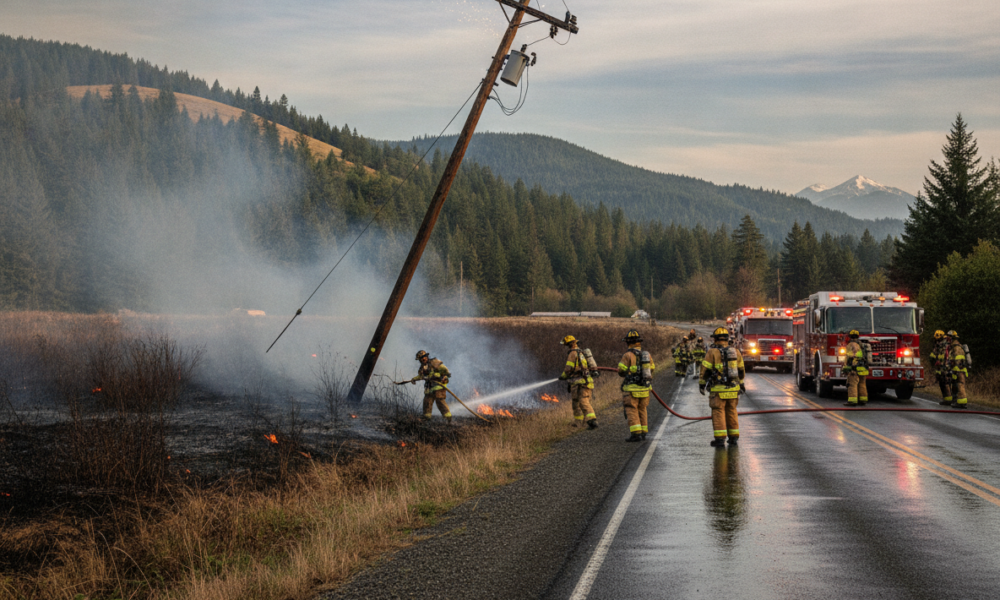 Firefighters spraying a grass fire along a wet highway, a leaning power pole toppled beside the flames, smoke rising with forested hills beyond.