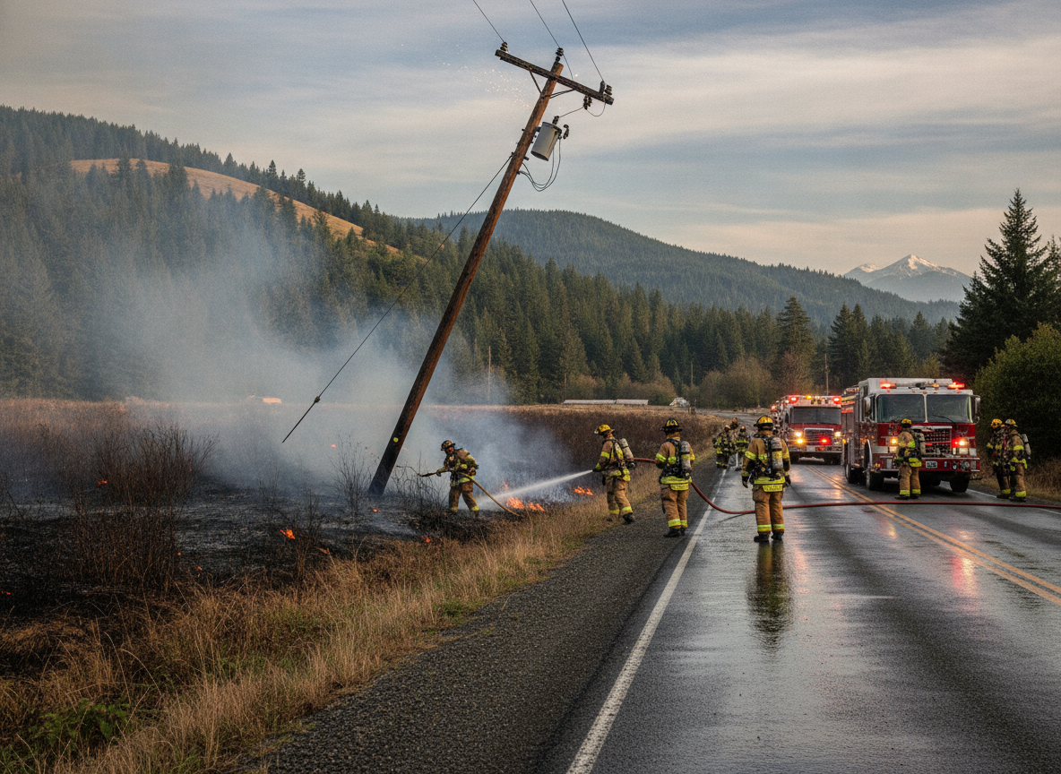 Firefighters spraying a grass fire along a wet highway, a leaning power pole toppled beside the flames, smoke rising with forested hills beyond.