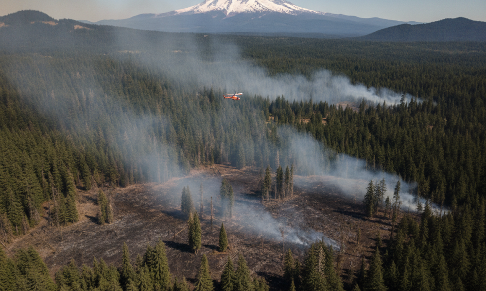 Red fire helicopter above a smoky forest fire in a pine forest with a snow-capped mountain in the distance, creating a dramatic aerial scene.