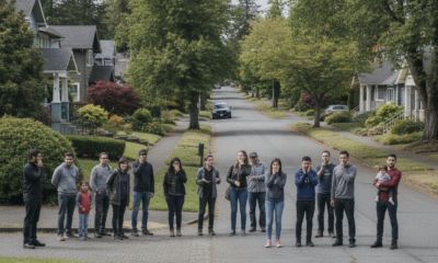 A group of neighbors and families standing in a line on a quiet suburban street, spaced apart and facing the camera.