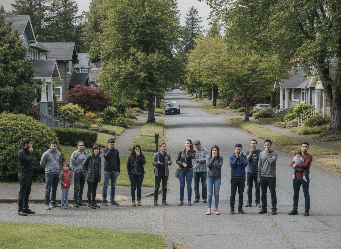 A group of neighbors and families standing in a line on a quiet suburban street, spaced apart and facing the camera.