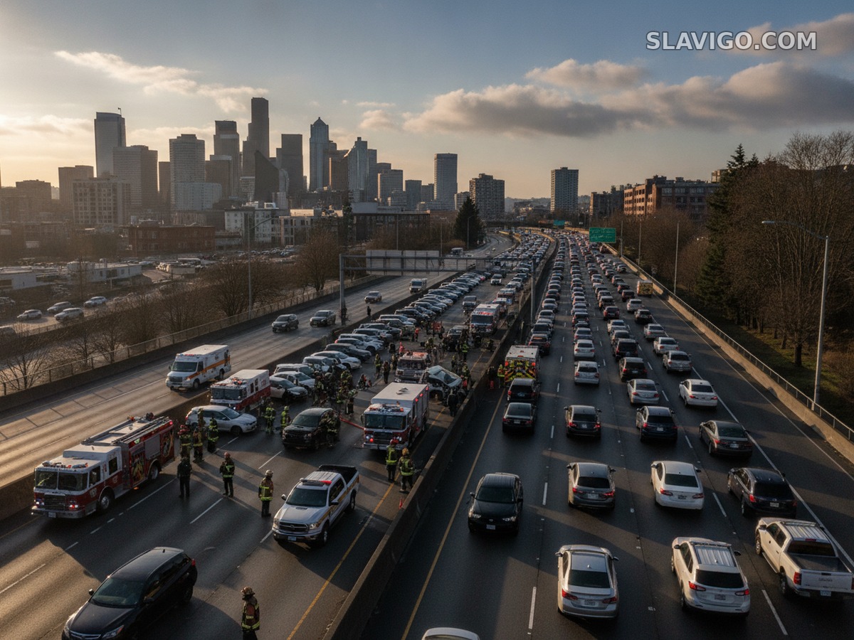 Авария перекрыла четыре полосы I-5 в северном направлении у Olive Way в центре Сиэтла