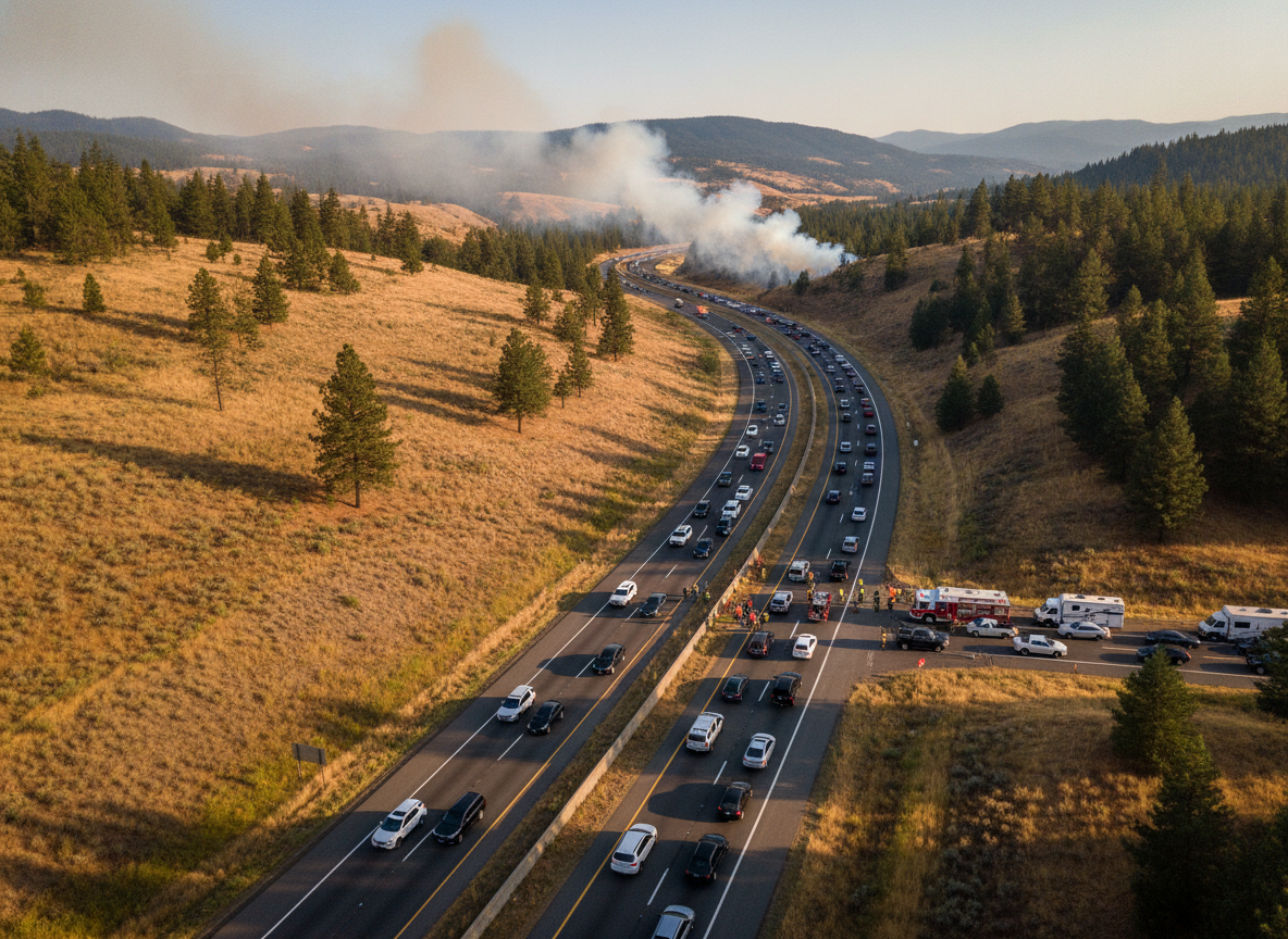 Дорожные службы на I-90 возле Кли-Элама после пожара у трассы
