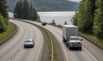 Winding highway along a lake, with a dark sedan in the left lane and a white box truck in the right lane, forested hills in the background.