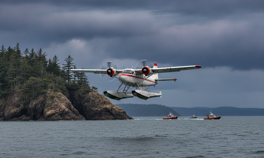 Twin-engine floatplane with pontoons landing on the sea near a rocky, forested shore; three boats nearby under cloudy skies.