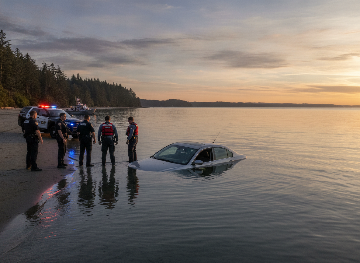 Спасатели у автомобиля в воде возле Beach Drive в округе Китсап