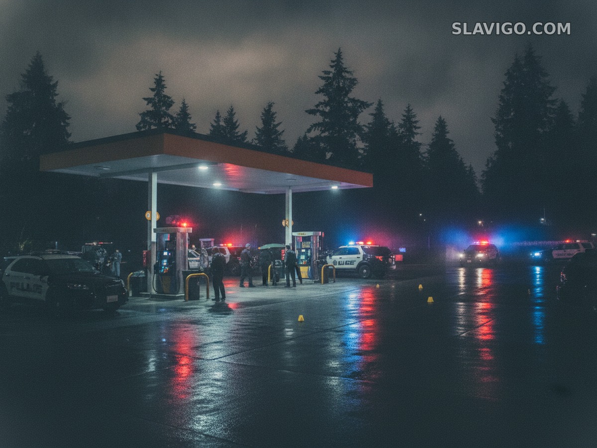 Полицейские автомобили возле автозаправки в Lynnwood после смертельной стрельбы