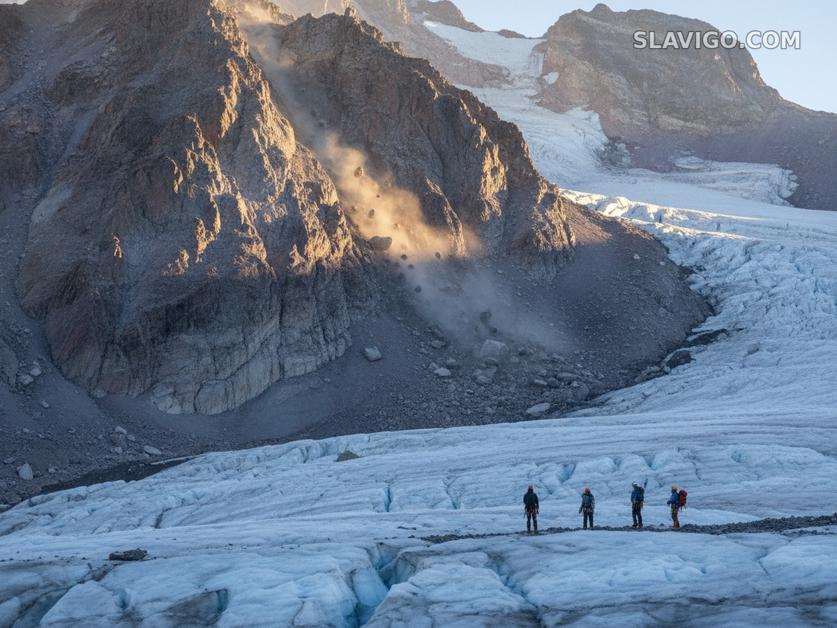 Камнепад на склоне Mount Rainier в районе маршрута Disappointment Cleaver