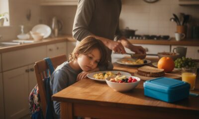 Родитель готовит здоровый завтрак для ребенка перед школой