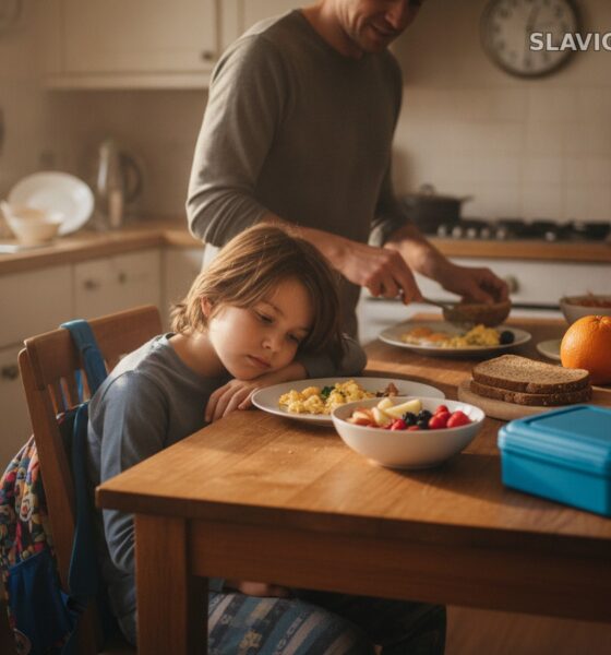 Родитель готовит здоровый завтрак для ребенка перед школой
