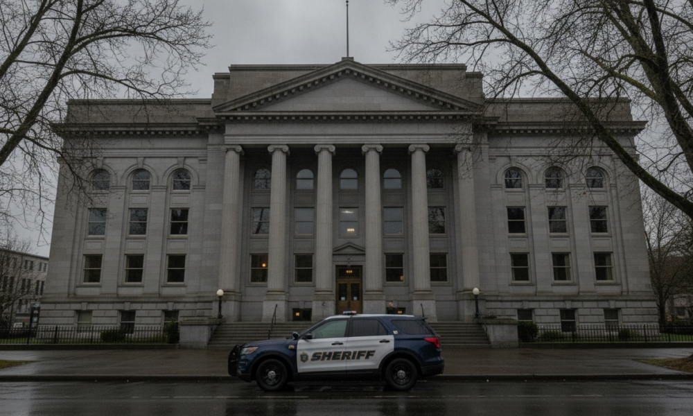 Gray neoclassical courthouse with tall columns and a sheriff SUV parked on the street in front on a cloudy day.