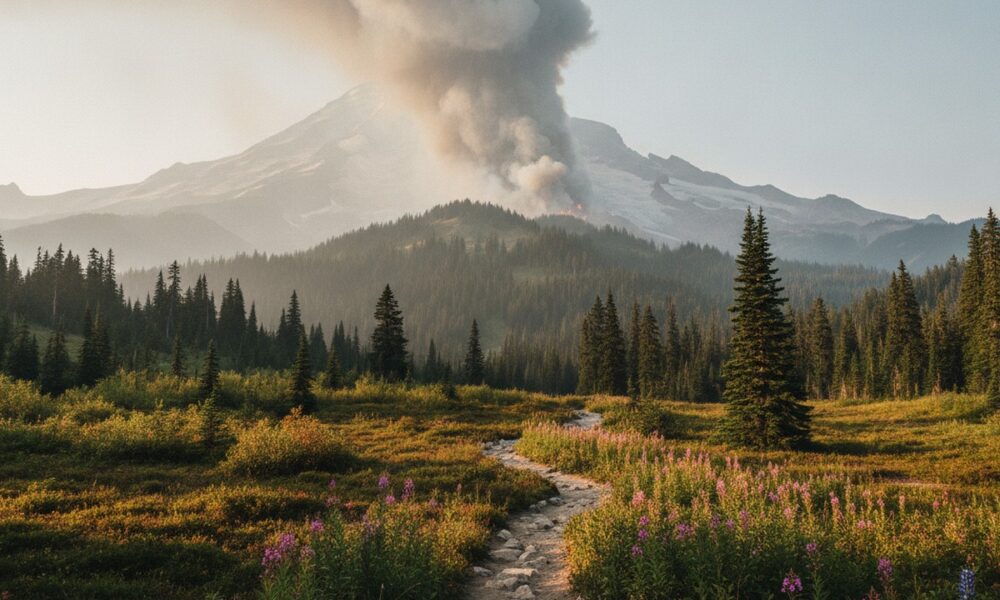 Дым от природного пожара над горным хребтом в национальном парке Mount Rainier
