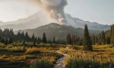 Дым от природного пожара над горным хребтом в национальном парке Mount Rainier