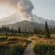 Дым от природного пожара над горным хребтом в национальном парке Mount Rainier