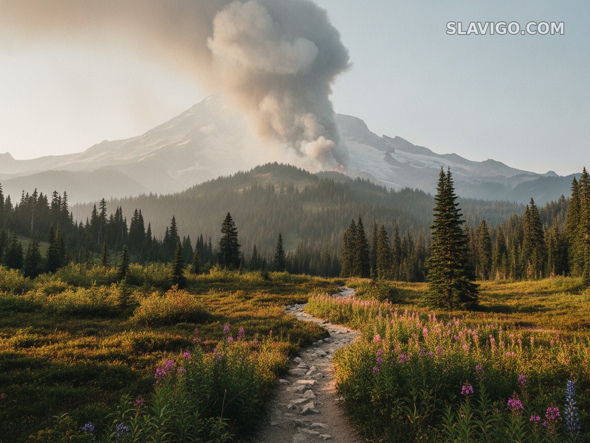 Дым от природного пожара над горным хребтом в национальном парке Mount Rainier
