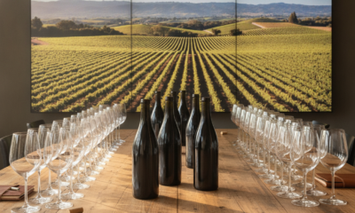 Wine bottles centered on a wooden table with rows of wine glasses for a tasting setup, vineyard mural in the background.