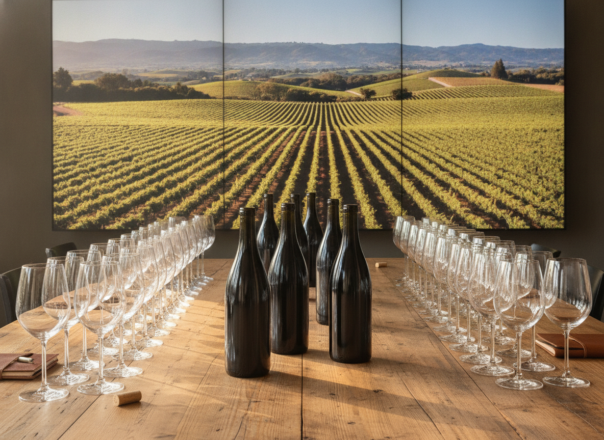 Wine bottles centered on a wooden table with rows of wine glasses for a tasting setup, vineyard mural in the background.