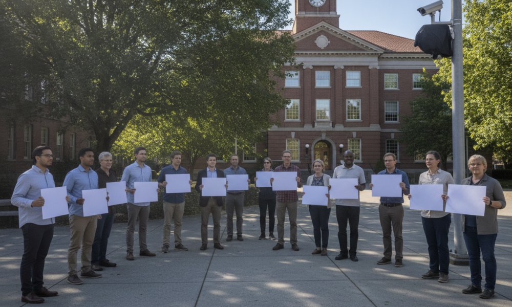 Group of people standing outdoors in a campus quad, each holding a blank white sign, with a brick building and clock tower behind.