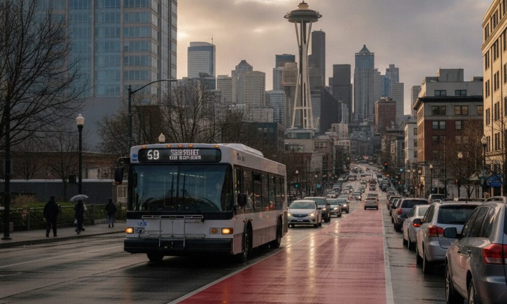 Автобус движется по новой выделенной полосе на Denny Way в Сиэтле