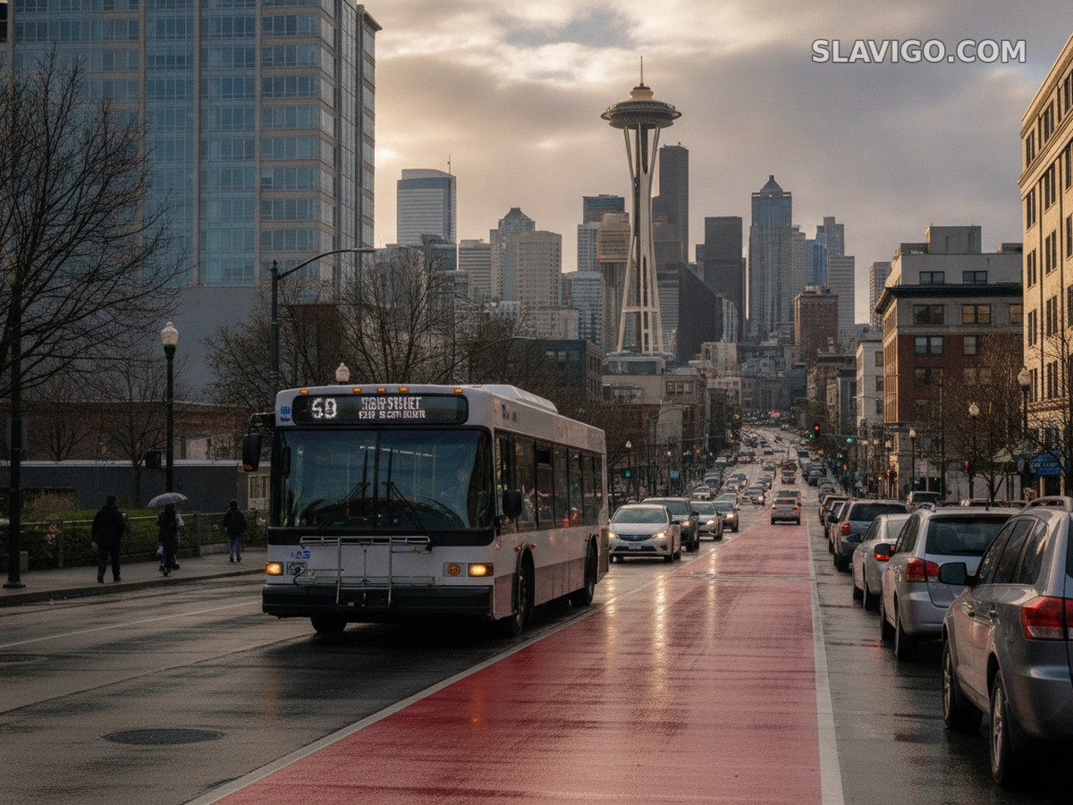 Автобус движется по новой выделенной полосе на Denny Way в Сиэтле