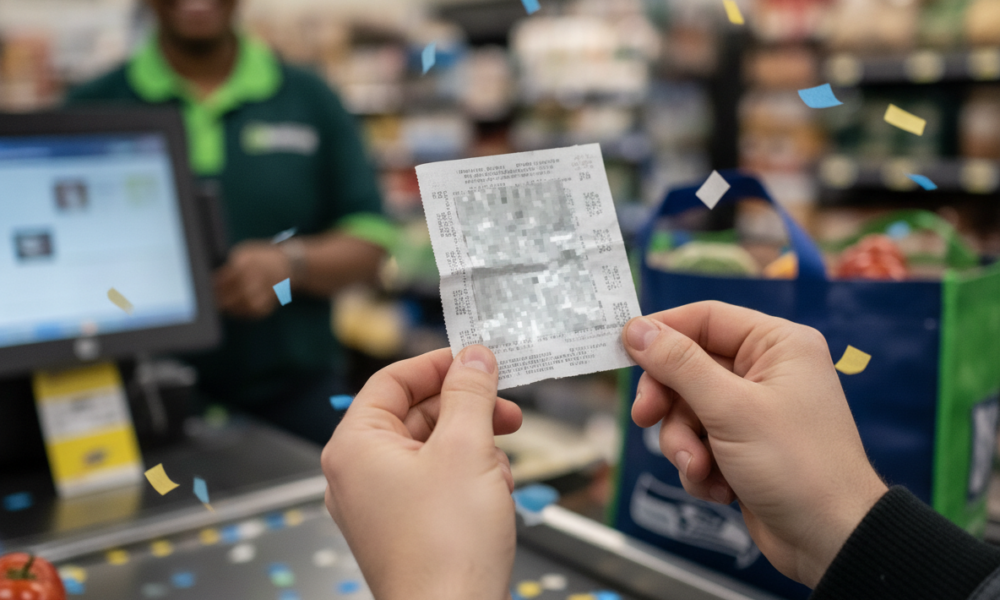 Close-up of hands holding a small receipt at the checkout while confetti falls in a grocery store.