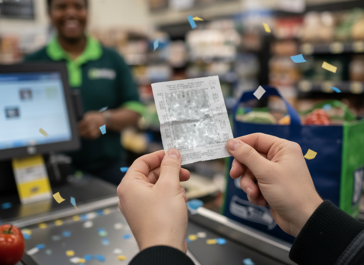 Close-up of hands holding a small receipt at the checkout while confetti falls in a grocery store.
