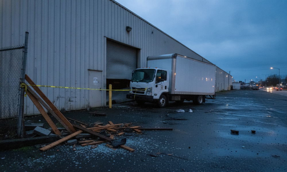 White box truck at a warehouse loading dock with scattered wooden debris, wet pavement, and yellow caution tape