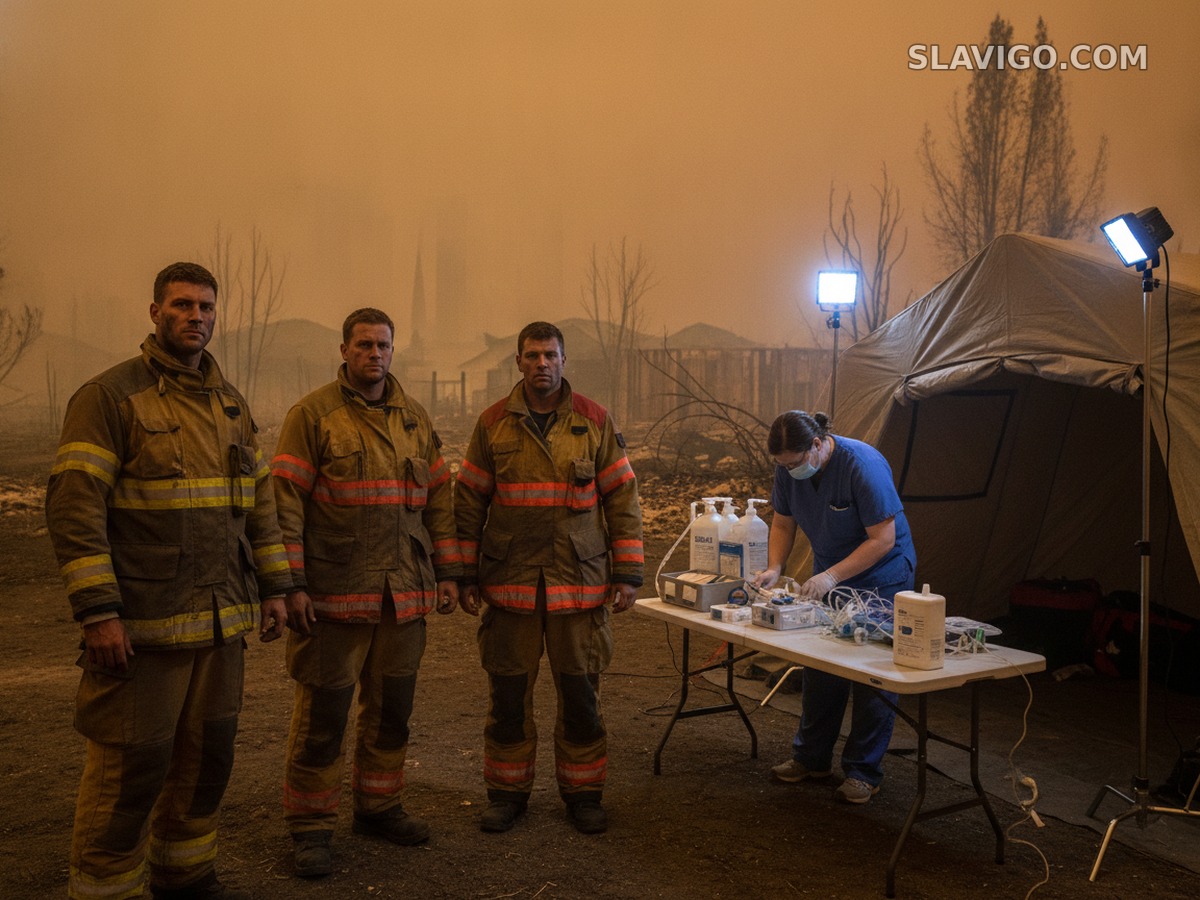 Пожарные возле медицинской палатки после разрушительных пожаров в районе Спокана