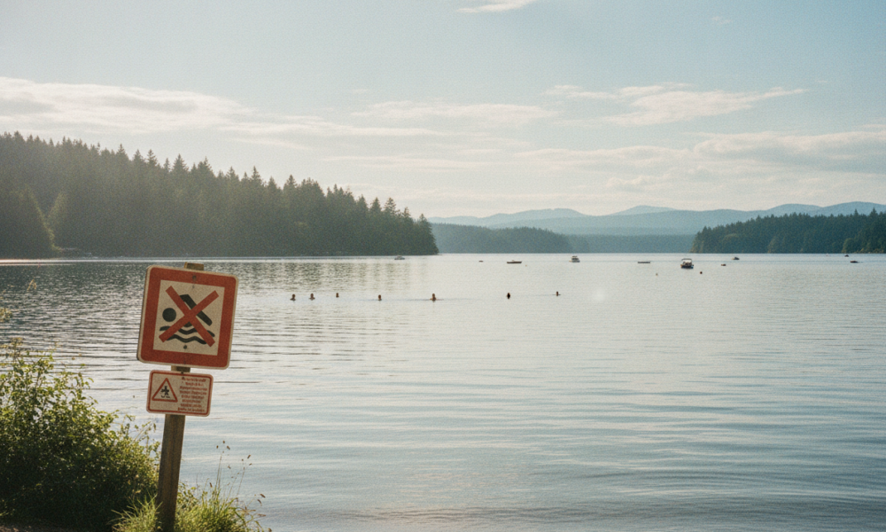 No swimming sign on a post at the lakeshore, with a calm lake, distant forested hills, and people swimming farther out in the water.