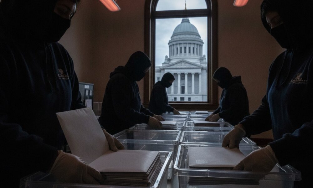 Бюллетени для голосования по почте на фоне здания суда