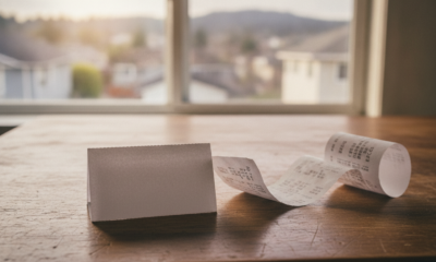 Receipt unfurling across a wooden table with a blank folded card nearby; windowed houses blurred in the background