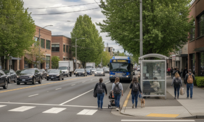 Участок State Route 99 возле Lynnwood с дорожным движением и городскими перекрёстками