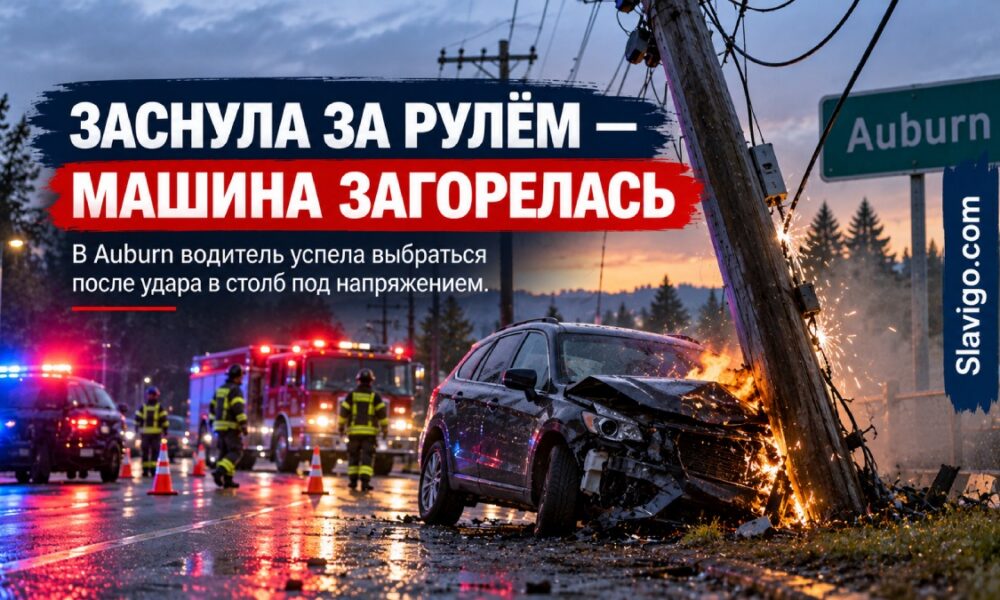 В Auburn автомобиль врезался в опору и загорелся из-за проводов под напряжением