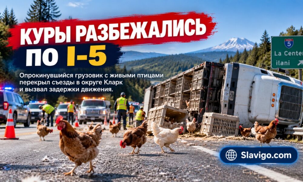 Грузовик с живыми курами перевернулся на I-5 в Clark County и перекрыл съезды