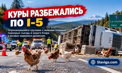 Грузовик с живыми курами перевернулся на I-5 в Clark County и перекрыл съезды