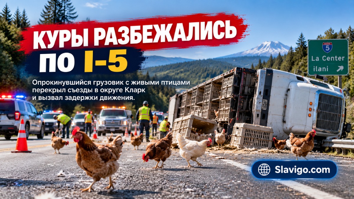 Грузовик с живыми курами перевернулся на I-5 в Clark County и перекрыл съезды