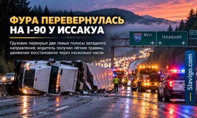 Перевернувшийся грузовик перекрыл две полосы I-90 возле Issaquah