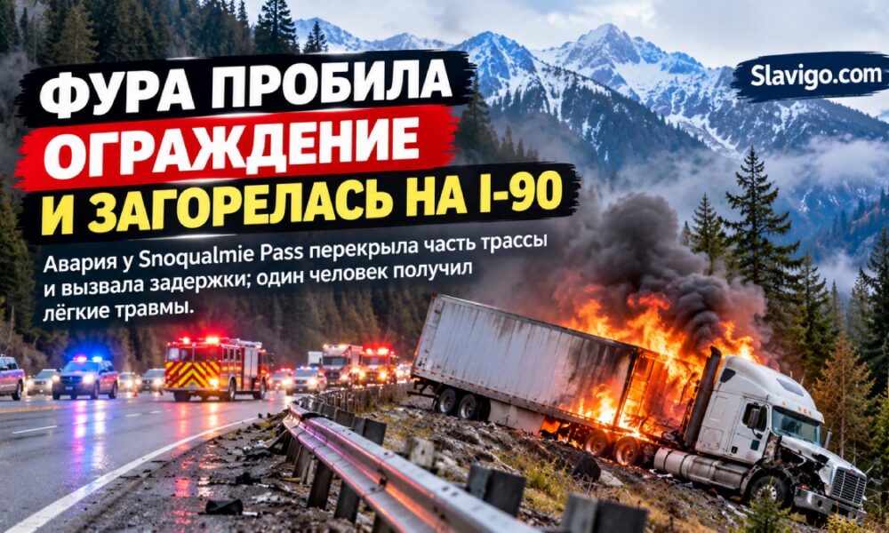 Грузовик загорелся после аварии на I-90 возле Snoqualmie Pass