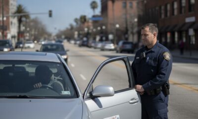 Сотрудник иммиграционной службы с нагрудной камерой у остановленного автомобиля