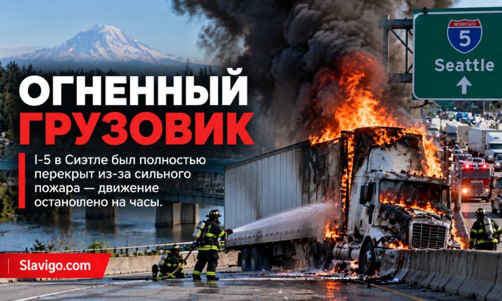 Пожар грузовика замедлил движение по I-5 в Seattle