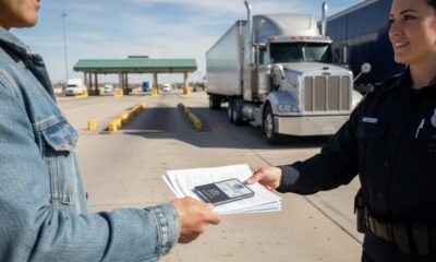 Водитель грузовика показывает CDL и рабочие документы во время дорожной проверки