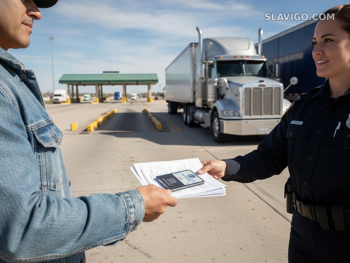 Водитель грузовика показывает CDL и рабочие документы во время дорожной проверки