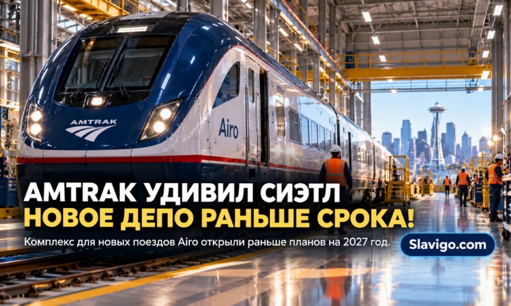 Modern large rail maintenance workshop in Seattle SODO with passenger trains parked inside under industrial lighting в штате Вашингтон