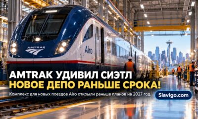 Modern large rail maintenance workshop in Seattle SODO with passenger trains parked inside under industrial lighting в штате Вашингтон