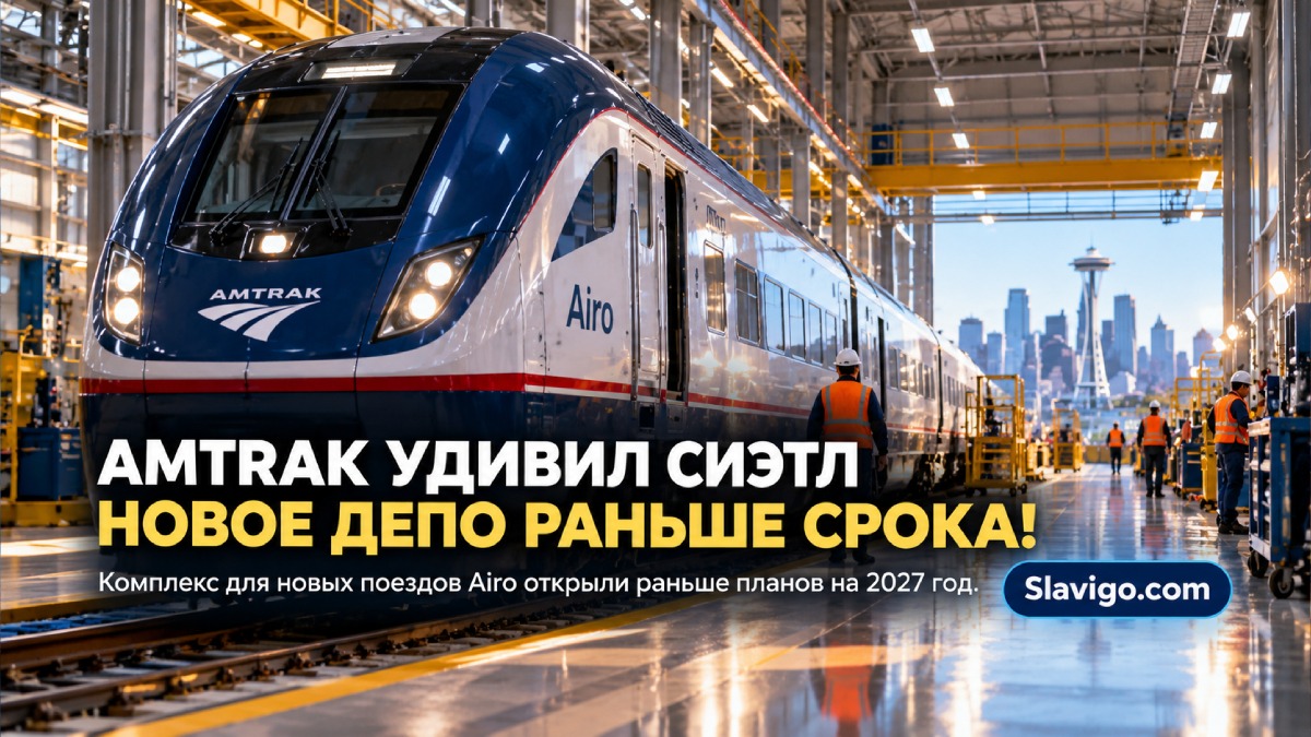Modern large rail maintenance workshop in Seattle SODO with passenger trains parked inside under industrial lighting в штате Вашингтон