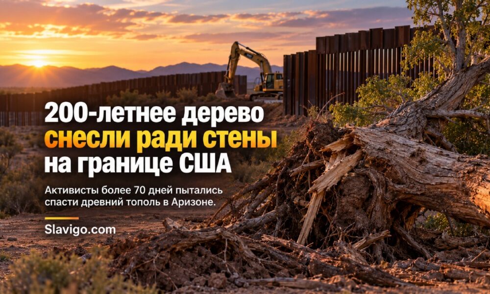 Строительство пограничной стены в Arizona рядом с уничтоженным старым деревом