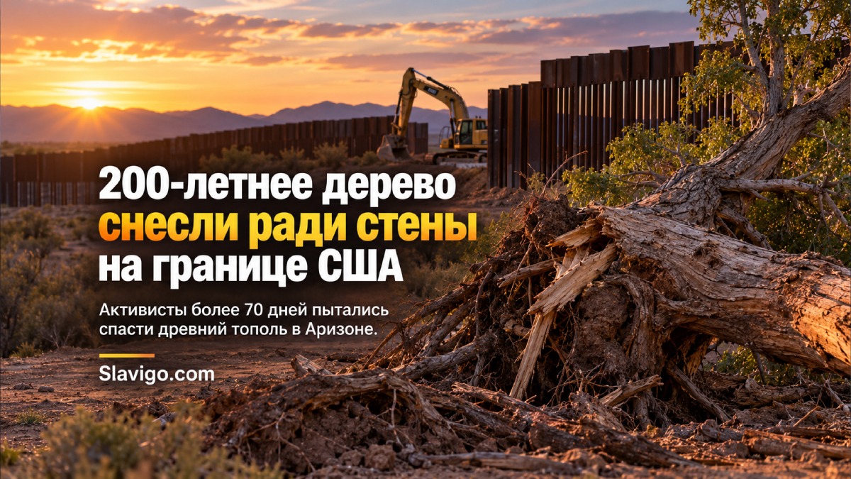 Строительство пограничной стены в Arizona рядом с уничтоженным старым деревом